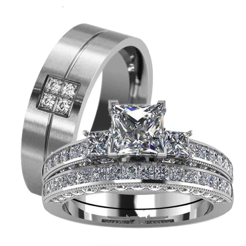 LOVERSRING Couple Ring Bridal Set His Hers White Gold Plated CZ Stainless Steel Wedding Ring Band Set