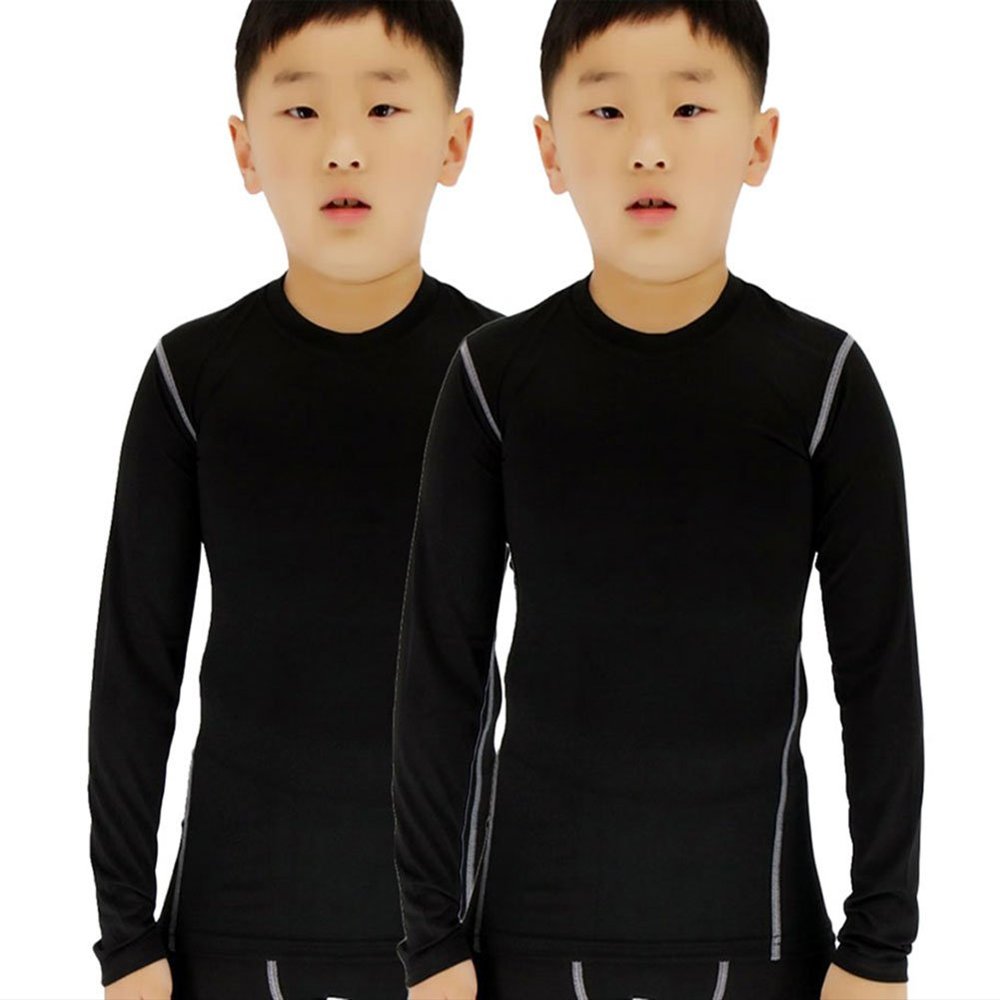 LANBAOSI 2 Packs Boys&Girls Long Sleeve Compression Soccer Practice T-Shirt Black