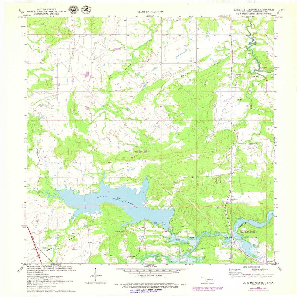 YellowMaps Lake Mc Alester OK topo map, 1:24000 Scale, 7.5 X 7.5 Minute, Historical, 1971, Updated 1978, 27.4 x 22.5 in - Tyvek
