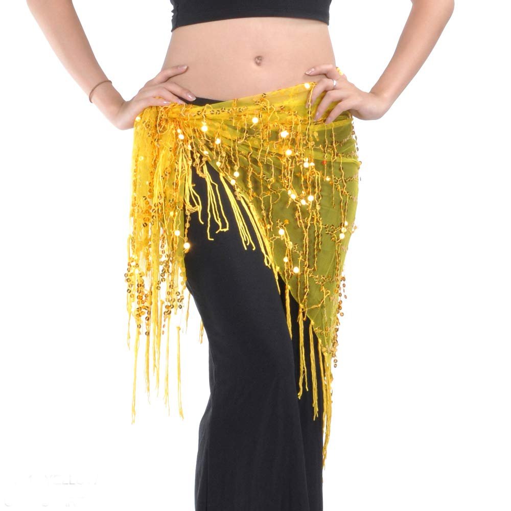 13 Color Sequined Triangle Scarf, Waist Belly Dance, Belly Dance Scarf, Belly Dance Hip Scarf, Triangle Beads Bellydance Belts (Yellow)