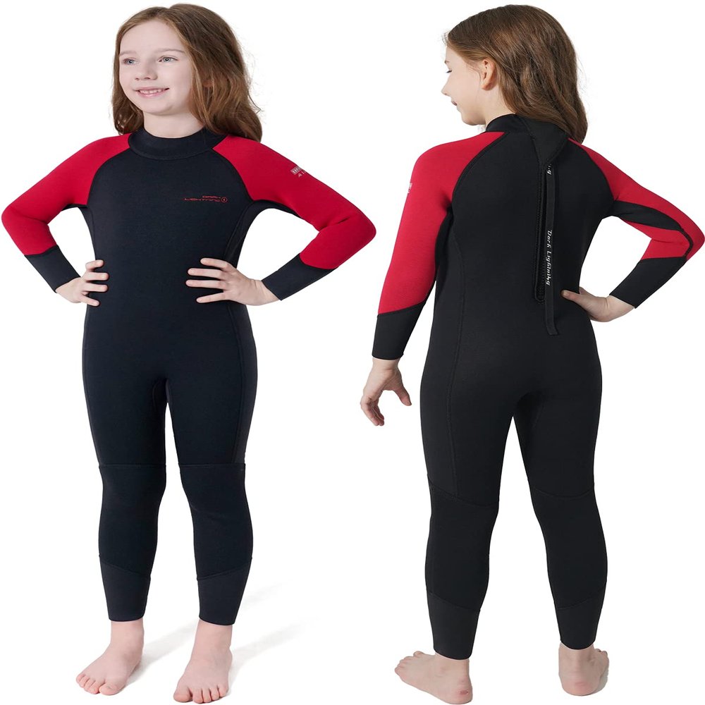 Dark Lightning 3/2mm Kids Wetsuit for Boys and Girls, Neoprene Thermal Swimsuit, Toddler/Junior/Youth One Piece Wet Suits for Scuba Diving,Red/Size 4