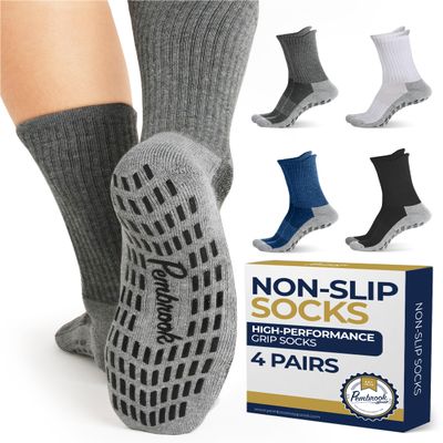 Pembrook Non Slip Crew Grippy Socks Men & Women - 4 Pairs | Non Slip Socks for Elderly, Hospital, Pilates, Yoga, Barre, House | Black, White, Gray, Navy