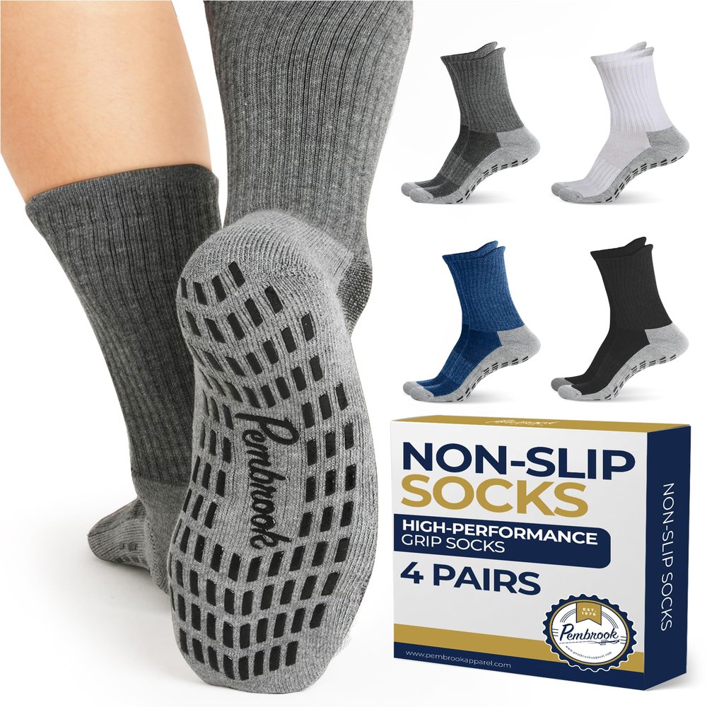 Pembrook Non Slip Crew Grippy Socks Men & Women - 4 Pairs | Non Slip Socks for Elderly, Hospital, Pilates, Yoga, Barre, House | Black, White, Gray, Navy