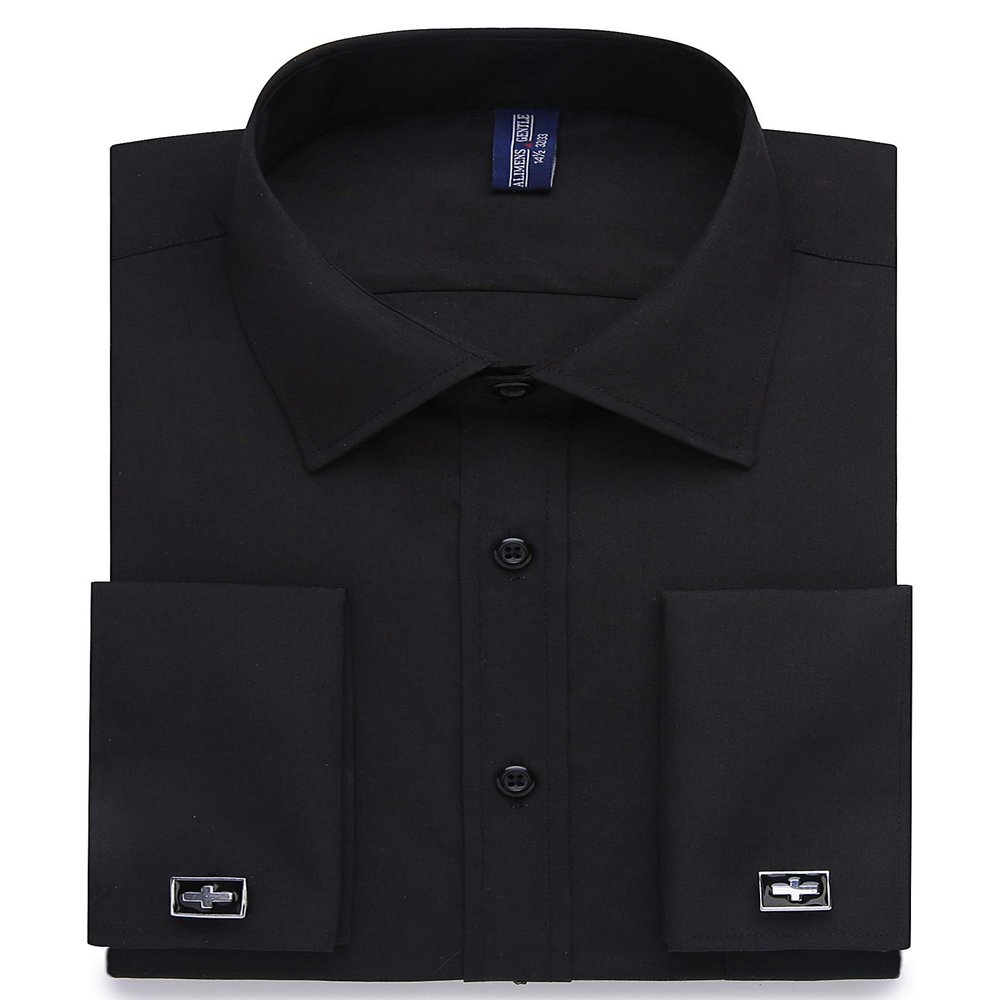Alimens & Gentle French Cuff Regular Fit Dress Shirts (Cufflink Included), Black, 17.5 Neck - 34/35 Sleeve