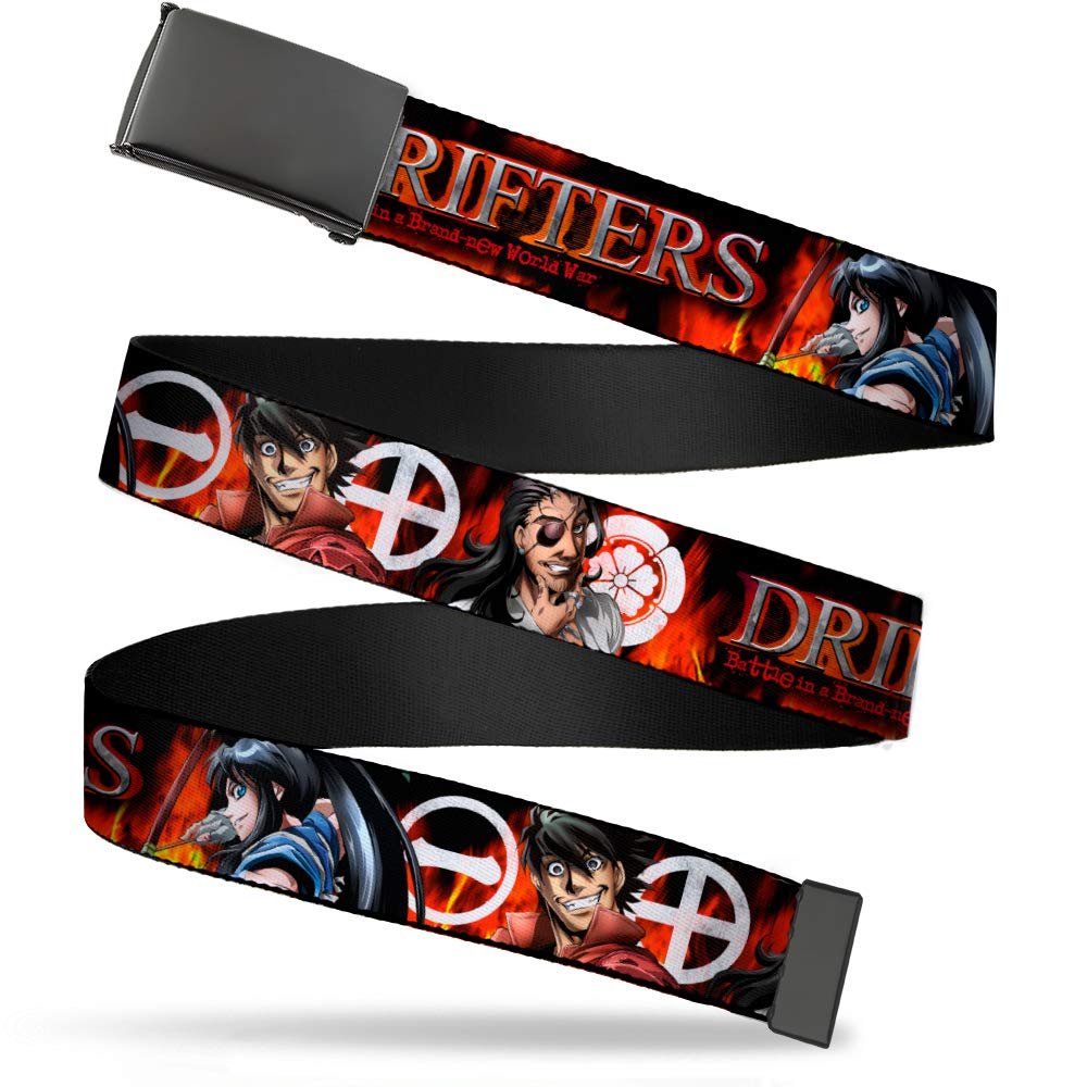 Buckle-Down Web Belt, DRIFTERS 3-Character Poses/Icons Black/Flames/White, 1.0" Wide - Fits up to Kids Size 20