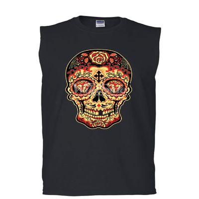Day of The Dead Sugar Skull Muscle Shirt Gold Calavera Dia de Muertos Sleeveless Black Small