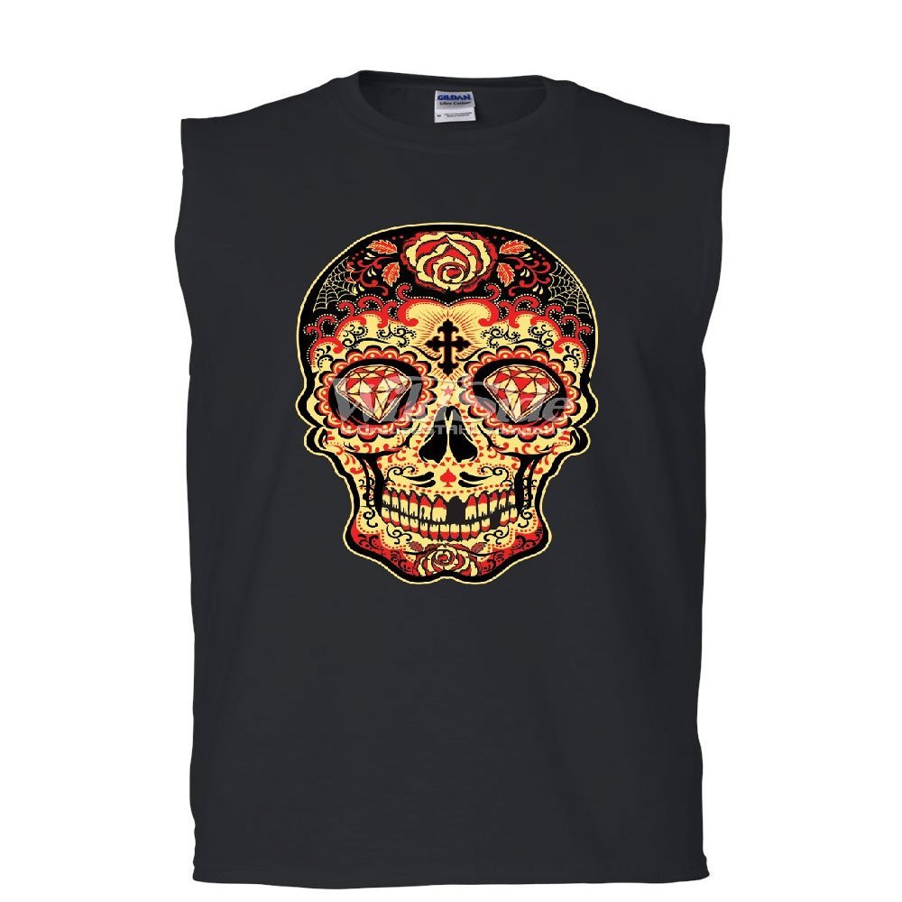 Day of The Dead Sugar Skull Muscle Shirt Gold Calavera Dia de Muertos Sleeveless Black Small