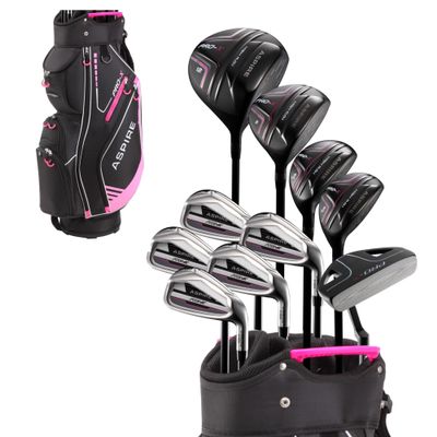 Aspire PRO-X 16-Piece Womens Golf Club Set, Includes Titanium F Driver, #3 Fairway Wood, 4-5 Hybrids, 7-SW Irons, Putter, Cart Bag, 4 H/C's, Golf Clubs Women Right Handed, Regular & Petite Sizes