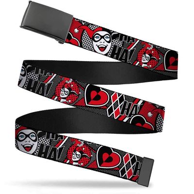 Buckle-Down Web Belt, Harley Quinn Poses/HAHAHA!/Diamonds/Hearts Halftone White/Black/Red, 1.25" Wide - Fits up to 42" Pant Size