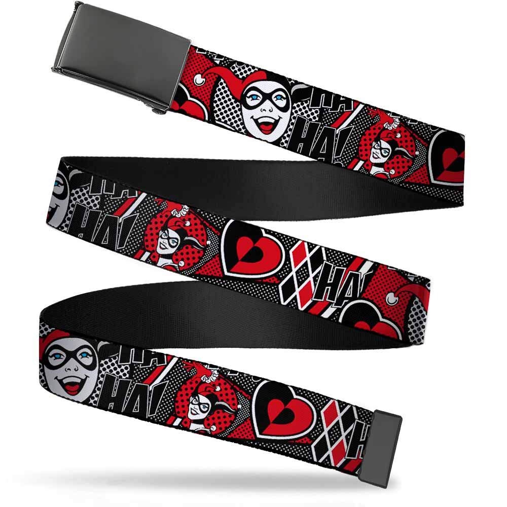 Buckle-Down Web Belt, Harley Quinn Poses/HAHAHA!/Diamonds/Hearts Halftone White/Black/Red, 1.25" Wide - Fits up to 42" Pant Size