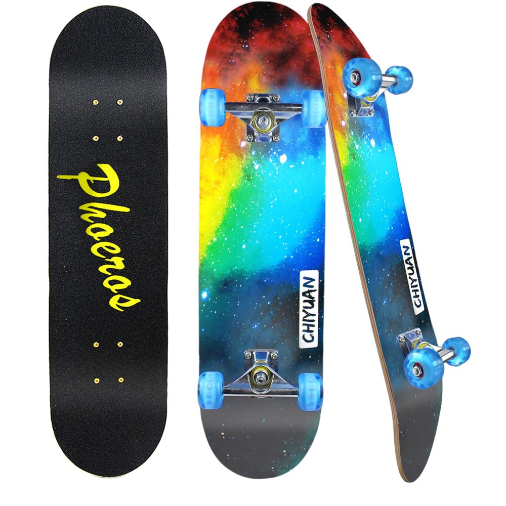 Complete Skateboards- Standard Skateboards for Beginners Kids Boys Girls Teenager- 31''x 8''Canadian Maple Cruiser Pro Skate Board, Skateboards (Night skype)