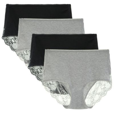LIQQY Lace Underwear for Women High Waisted Brief Comfort Cotton Full Coverage No Roll Panties Multipack (Medium, Black/Heather Grey)