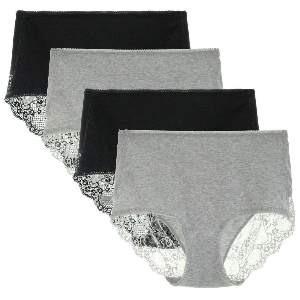 LIQQY Lace Underwear for Women High Waisted Brief Comfort Cotton Full Coverage No Roll Panties Multipack (Medium, Black/Heather Grey)
