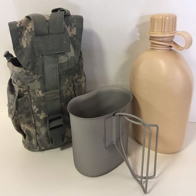 G.A.K. NEW, G.I. Style, U.S Made 1 QT Canteen with STAINLESS STEEL CUP and G.I. Military ACU MOLLE II Pouch. (Desert Tan)