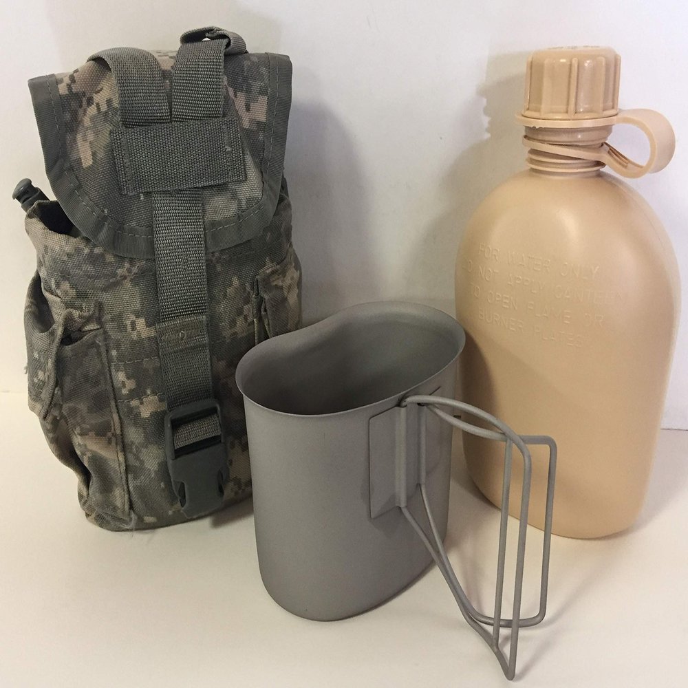 G.A.K. NEW, G.I. Style, U.S Made 1 QT Canteen with STAINLESS STEEL CUP and G.I. Military ACU MOLLE II Pouch. (Desert Tan)