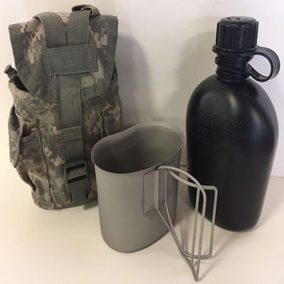 NEW, G.I. Style, U.S Made 1 QT Canteen with STAINLESS STEEL CUP and G.I. Military ACU MOLLE II Pouch. (Black)