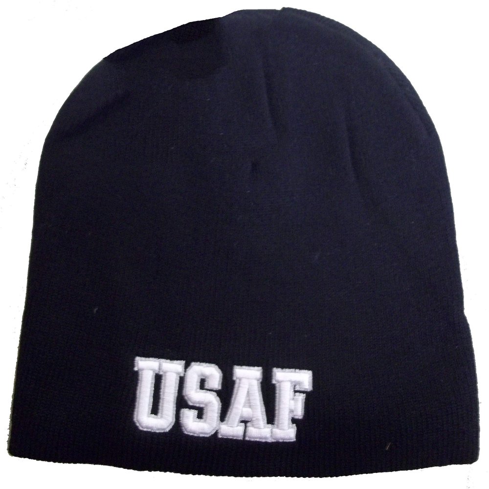 8" USAF Air Force Letters Black Embroidered Beanie Skull Cap Hat