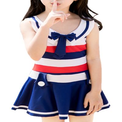 Trendy XU Girls Navy Style Collar One Piece Swimsuit Vintage Striped Swim Skirt (M)