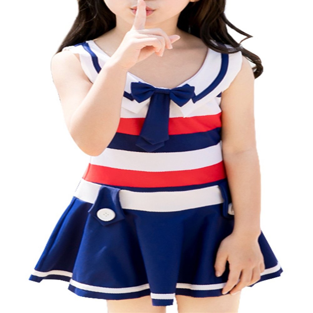 Trendy XU Girls Navy Style Collar One Piece Swimsuit Vintage Striped Swim Skirt (M)
