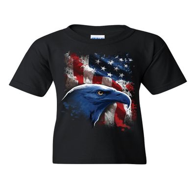 American Bald Eagle Youth T-Shirt American Flag 4th of July Patriotic Kids Tee Black Small