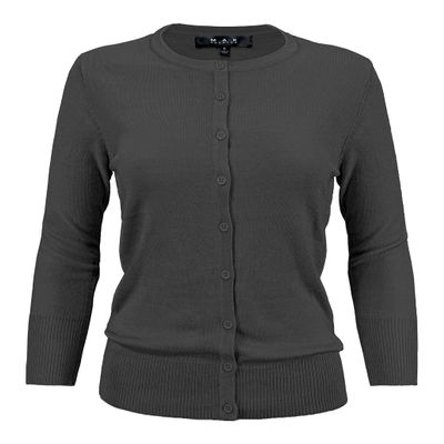 YEMAK Women's Knit Cardigan Sweater  3/4 Sleeve Crewneck Basic Classic Casual Button Down Soft Lightweight Knitted Top CO079-CHA-2X Charcoal