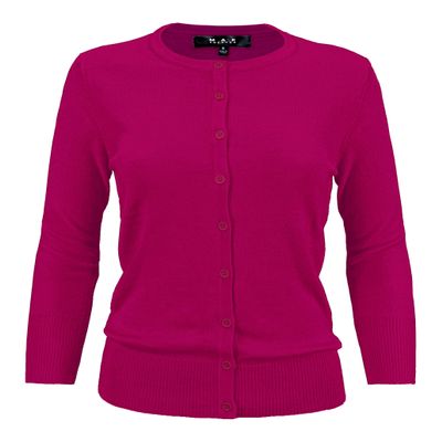 YEMAK Women's Knit Cardigan Sweater  3/4 Sleeve Crewneck Basic Classic Casual Button Down Soft Lightweight Knitted Top CO079-MGT-2X Magenta