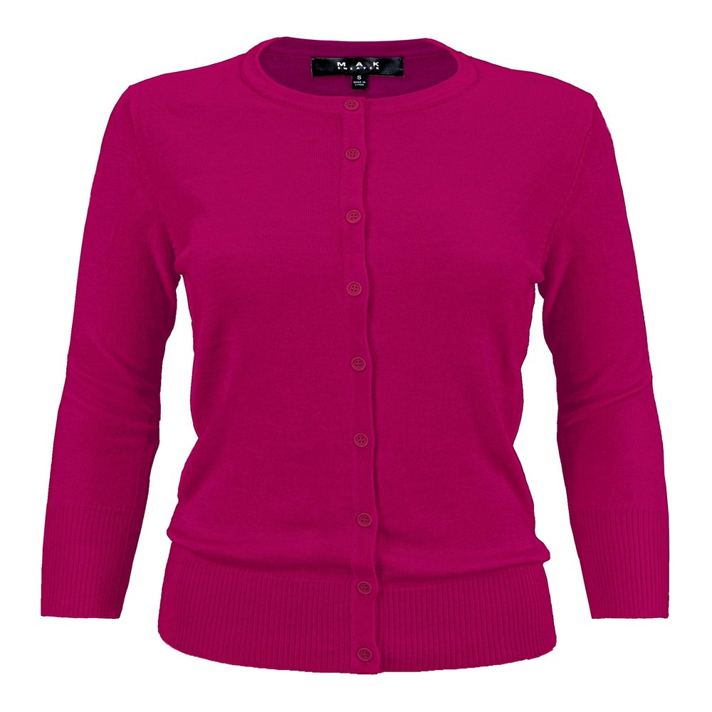 YEMAK Women's Knit Cardigan Sweater 3/4 Sleeve Crewneck Basic Classic Casual Button Down Soft Lightweight Knitted Top CO079-MGT-2X Magenta