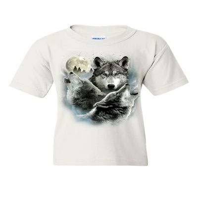 Howling Wolf Pack Youth T-Shirt Wild Wilderness Animals Nature Moon Kids Tee White Small