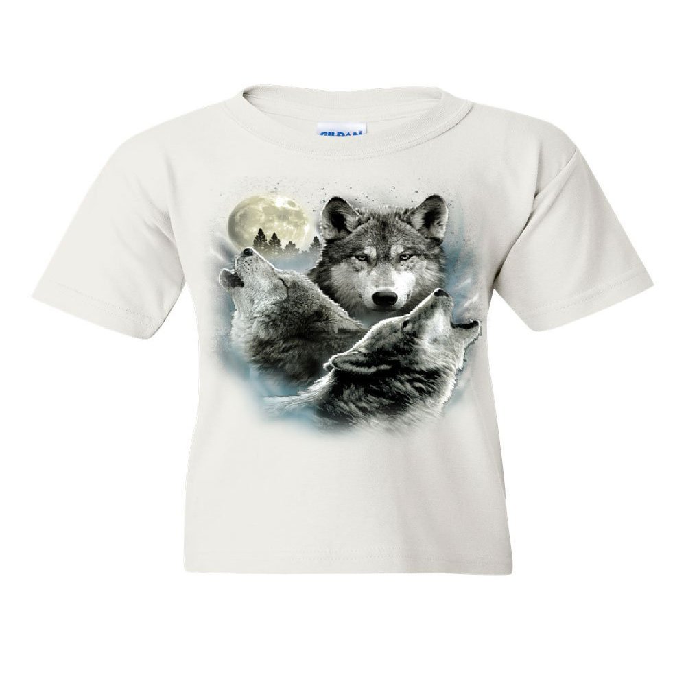 Howling Wolf Pack Youth T-Shirt Wild Wilderness Animals Nature Moon Kids Tee White Small