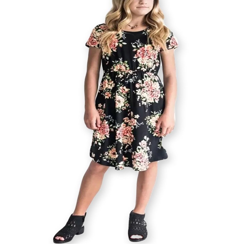21KIDS Girls Floral Casual Short Sleeve Short Dress Midi Dress with Pockets, Black, 6 Years