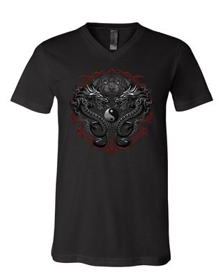Bengal Rising Dragons V-Neck T-Shirt Asian Art Wild Tiger Yin and Yang Tee Black Small