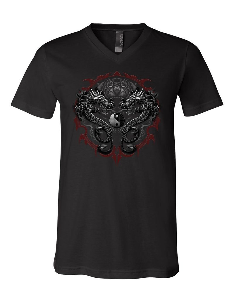 Bengal Rising Dragons V-Neck T-Shirt Asian Art Wild Tiger Yin and Yang Tee Black Small