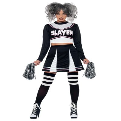 Smiffys Fever Gothic Cheerleader Costume, Black with Crop Top, Skirt & Pom Poms, Fever Fancy Dress, Halloween Dress Up Costumes