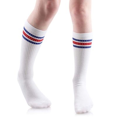juDanzy Baby, Toddler & Kids Knee High Tube Socks For Boys & Girls With Grips (12-24 Months (Shoe Size 3C-6C), White with Blue/Red Stripes)