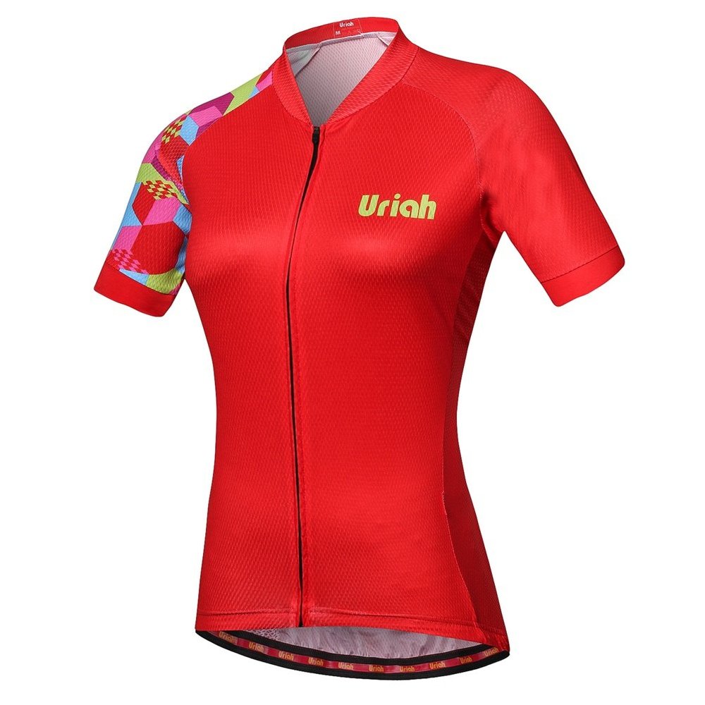 Uriah Women's Cycling Jersey Short Sleeve Reflective with Rear Zippered Bag Square Red Size XXL