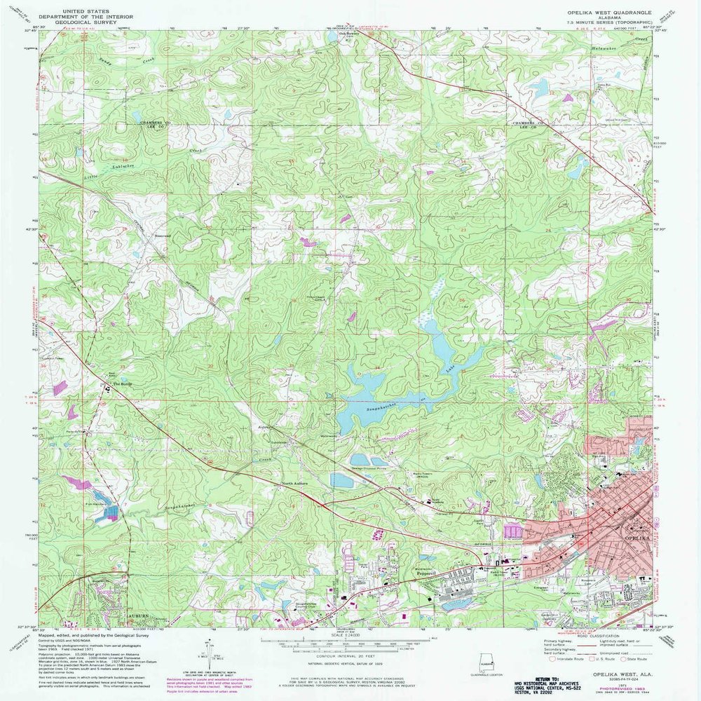 YellowMaps Opelika West AL topo map, 1:24000 Scale, 7.5 X 7.5 Minute, Historical, 1971, Updated 1983, 26.7 x 22 in - Tyvek