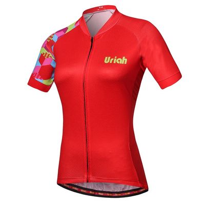 Uriah Women's Cycling Jersey Short Sleeve Reflective with Rear Zippered Bag Square Red Size L