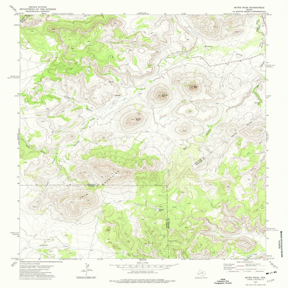 YellowMaps Mitre Peak TX topo map, 1:24000 Scale, 7.5 X 7.5 Minute, Historical, 1972, Updated 1975, 27 x 23.2 in - Tyvek