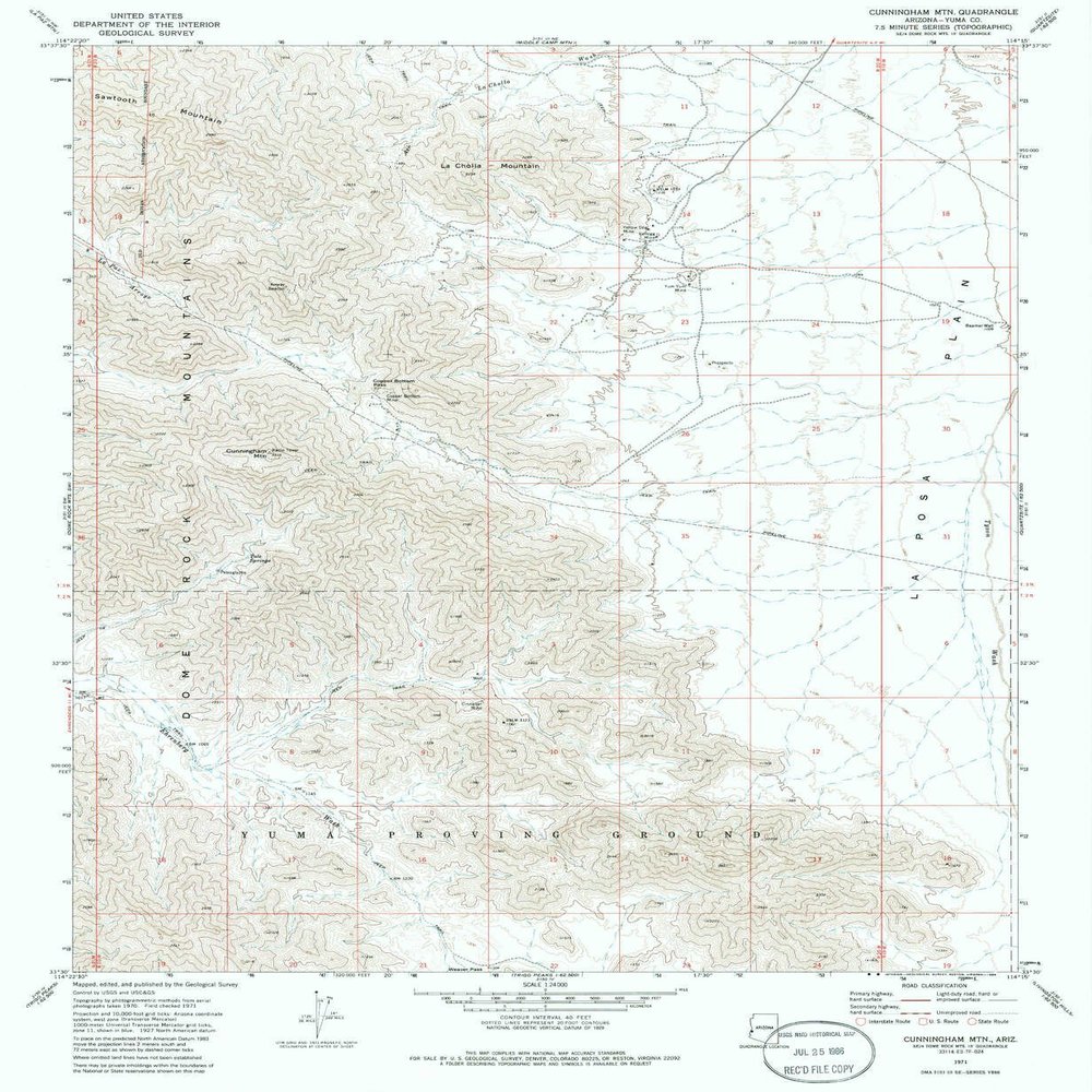 YellowMaps Cunningham MTN AZ topo map, 1:24000 Scale, 7.5 X 7.5 Minute, Historical, 1971, Updated 1986, 26.8 x 22 in - Tyvek