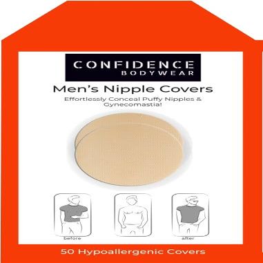 Confidence Bodywear Mens Nipple Covers for Gynecomastia Concealment  Hypoallergenic, Water-Resistant Adhesive Shields  Sweat-Proof, Comfortable, Daily Wear  50-Pack