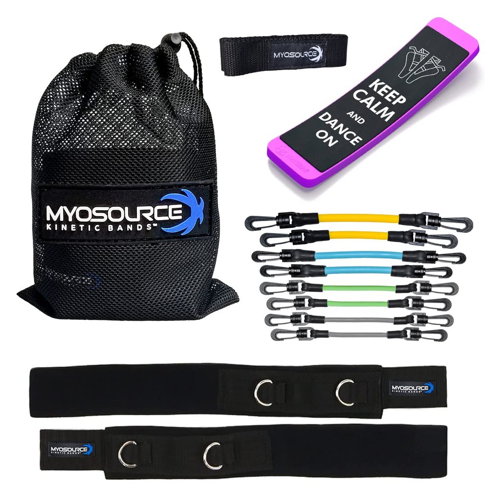 Kinetic Bands All-Star Dance Kit - Leg Resistance Bands, Body Conditioning DVD for Dancers, Turning Board, Stretch Band, Flexibility Strap (Ages 12 and Under: Yellow, Lt Blue, Lt Green, Grey)