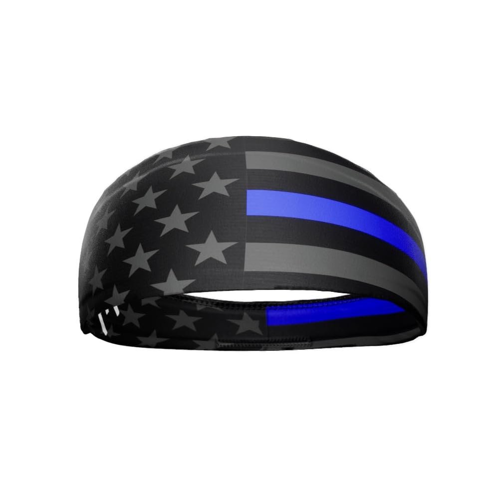 20+ Designs! Unisex Headband/Sweatband. Best for Sports, Fitness, Working Out, Yoga. Tapered Design. (Thin Blue Line)
