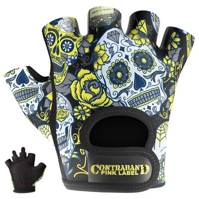 Contraband Pink Label 5237 Designer Series Workout Gloves for Women | Sugar Skull Print Weight Lifting Gloves for Women w/ Grip-Lock Padding | Gym Gloves for Women w/ Medium Padding (Yellow, X-Small)
