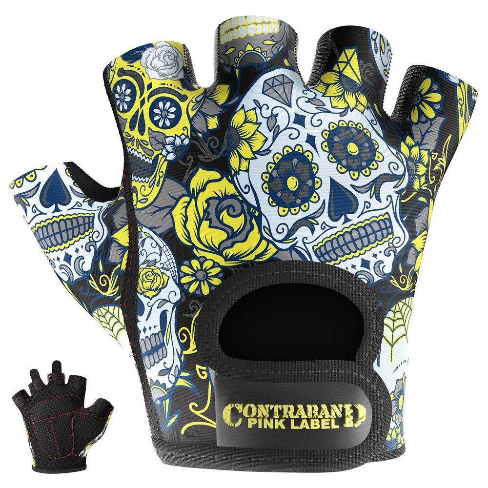 Contraband Pink Label 5237 Designer Series Workout Gloves for Women | Sugar Skull Print Weight Lifting Gloves for Women w/ Grip-Lock Padding | Gym Gloves for Women w/ Medium Padding (Yellow, X-Small)