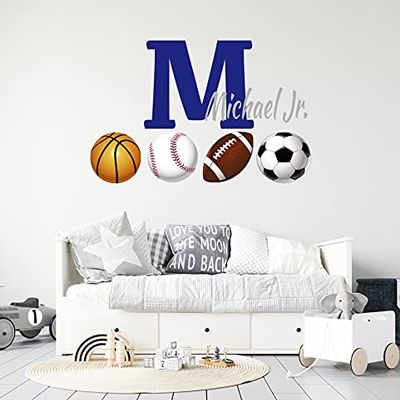 Custom Sports Balls Wall Decal with Name & Initial - Basketball Soccer Baseball Football Wall Stickers - Personalized Boys Nursery Room Decor - Wall Decal for Home Nursery Decoration Wide 30"x19"