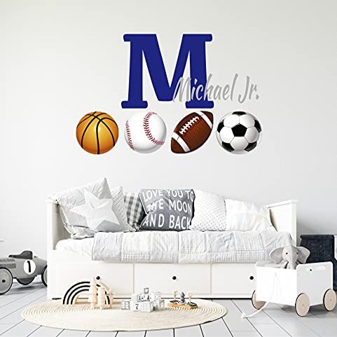 Custom Sports Balls Wall Decal with Name & Initial - Basketball Soccer Baseball Football Wall Stickers - Personalized Boys Nursery Room Decor - Wall Decal for Home Nursery Decoration Wide 30"x19"