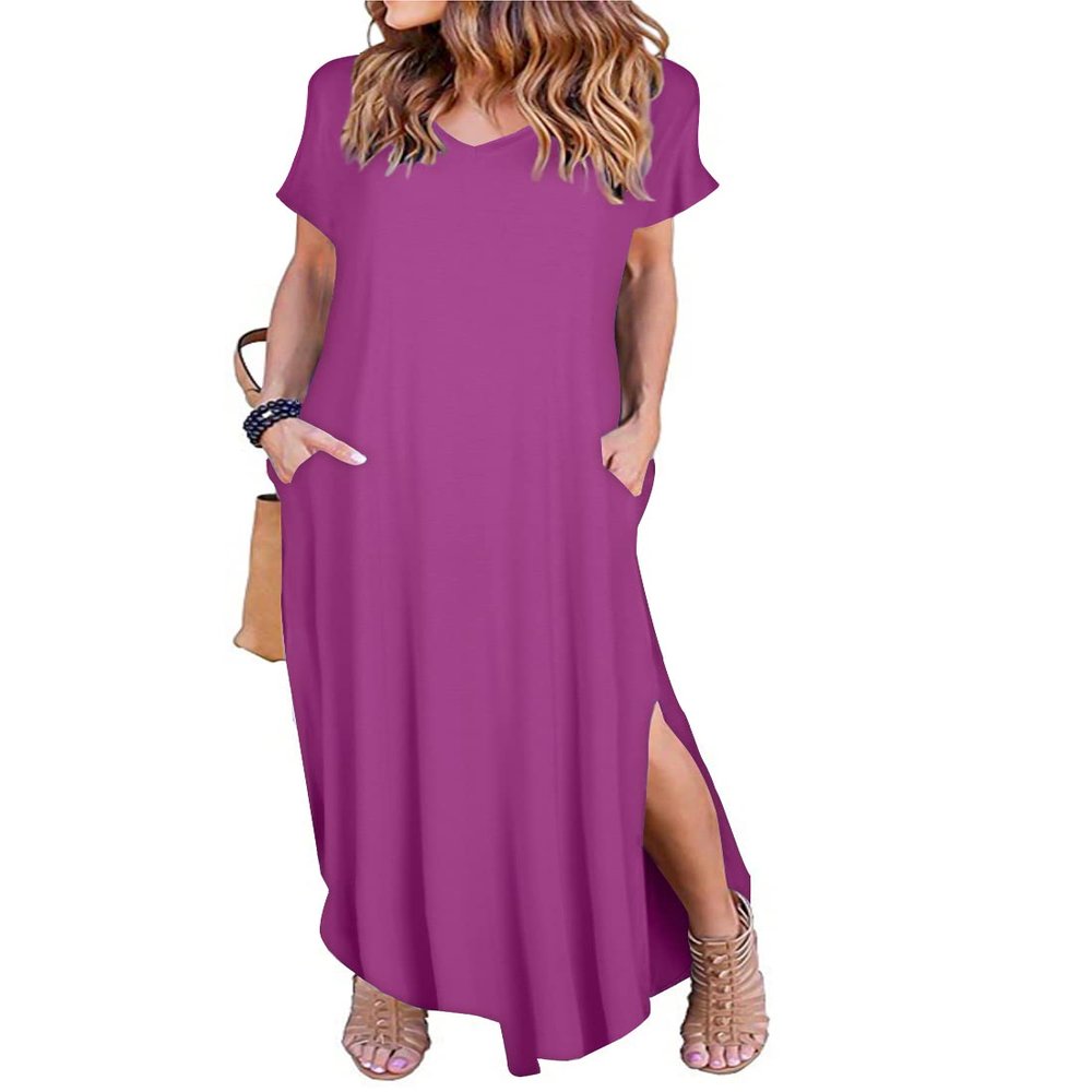 Arolina Women Summer Maxi Dress Short Sleeve V Neck Casual Loose Long Split Dresses Beach Vacation Sundress with Pockets Purple Red