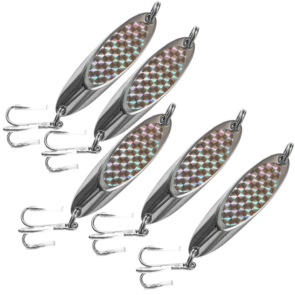 5pcs 3oz Fishing Kast Spoon with a Treble Hook Fish Chrome Jig Bait Lures Holographic Laser Silver Tape Kast Master Style Champ Spoons - Fish WOW!