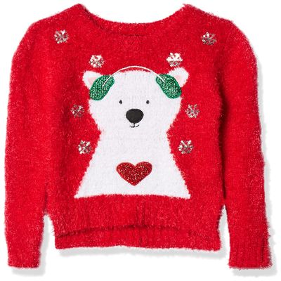 Blizzard Bay Little Girl's L/S Crew Neck Polar Bear in Headphones Christmas Sweater Sweater, Christmas red Combo, 4