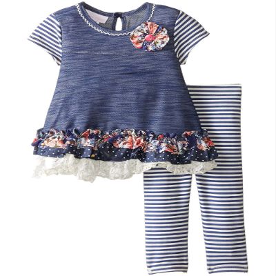 Bonnie Jean Little Girls 2T-6X Blue/White Stripe Chambray Knit Dress/Legging Set, Blue, 2T